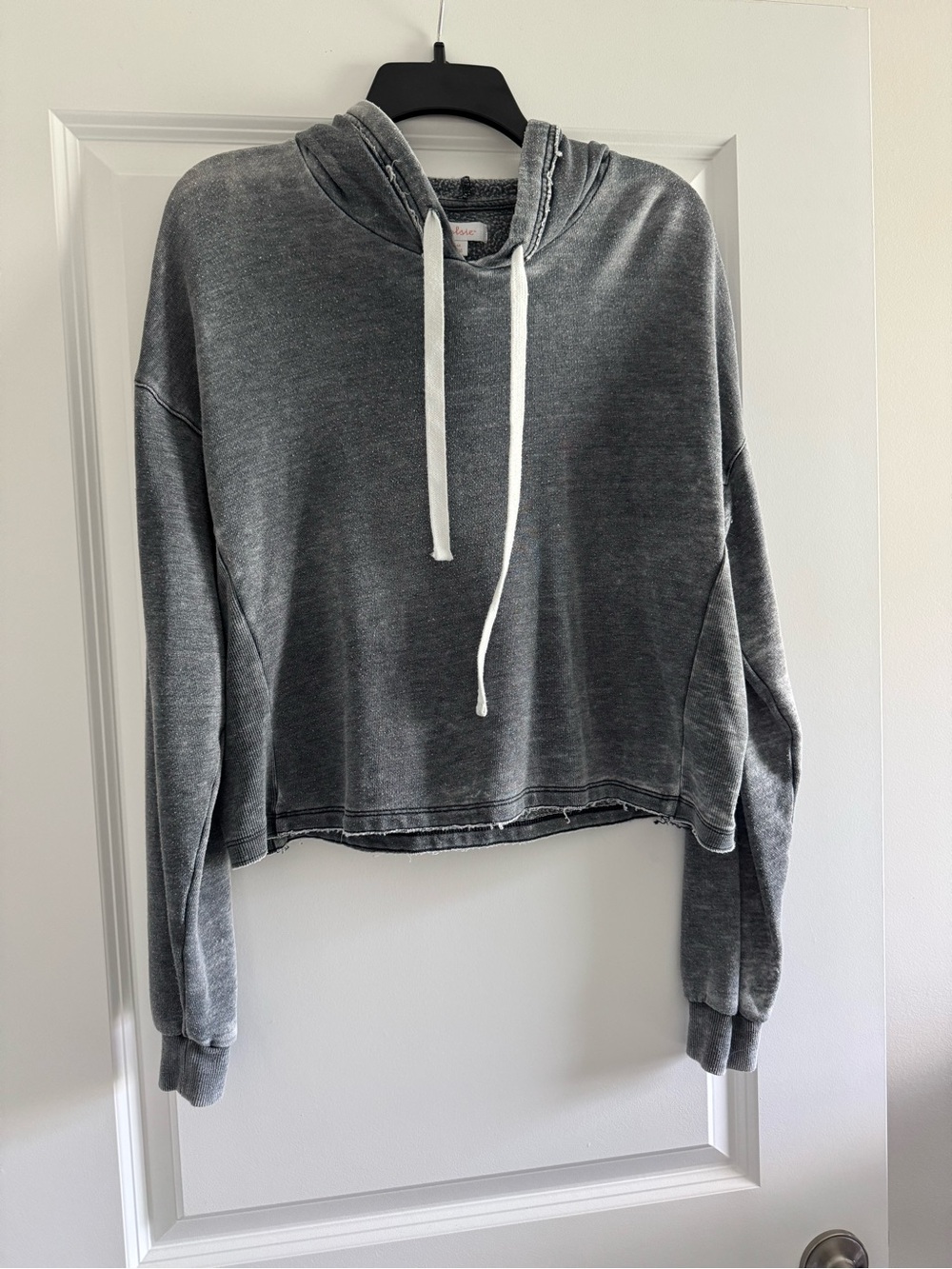 Colsie Washed Charcoal Cropped Hoodie with White Drawstrings